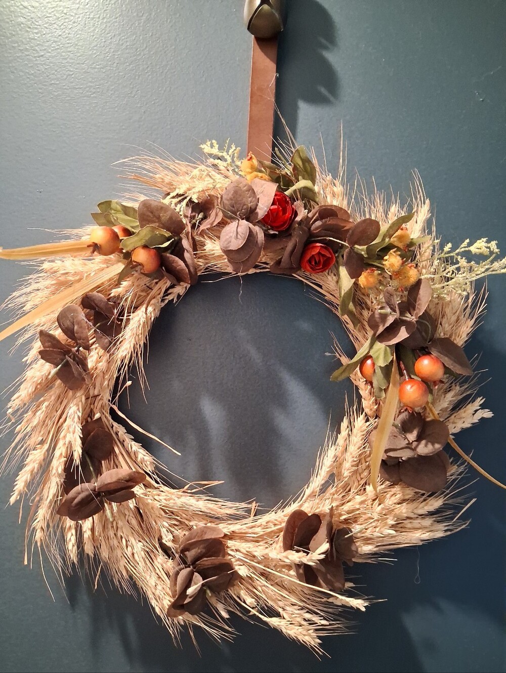 Autumn Wheat & Berry Wreath with Red Rose Accents